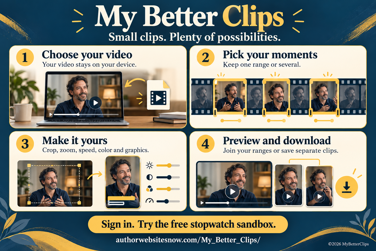 My Better Clips: choose a local video, pick your moments, customize the picture, then preview and download.